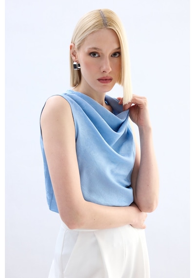 Sateen Degaje Yaka Bluz - Bebe Mavi-136754 Bebe Mavi