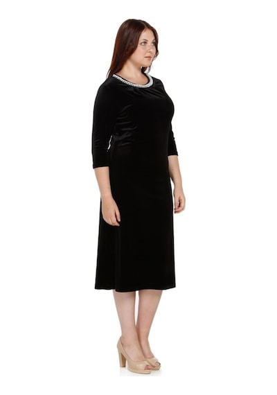 Nidya Moda Büyük Beden Yaka Pilili Elbise-4074S Siyah
