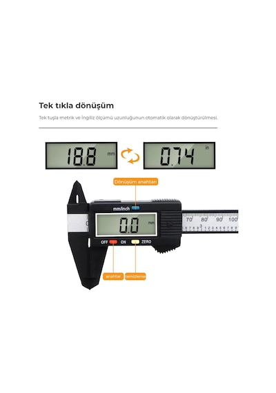 Karbon Fiber Dijital Göstergeli Kumpas 150mm Kalınlık Ölçer
