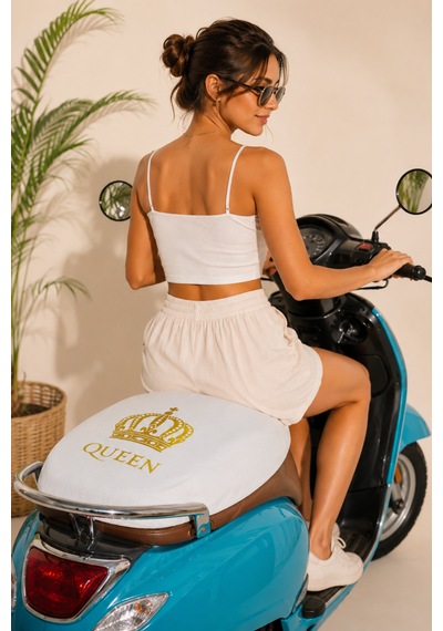 Queen Kadınlara Özel Universal Motor Sele Kılıfı Yıkanabilir Scooter Sele Örtüsü Beyaz
