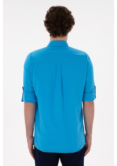 U.S. Polo Assn. Erkek Mavi Keten Görünümlü Basic Gömlek 50306285-VR007