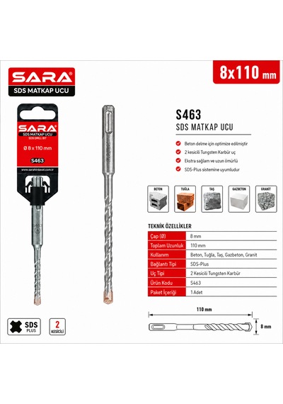 Sara S463 Sds Plus Matkap Ucu 8 X 110 Mm, 2 Kesicili Tungsten Karbür Uçlu