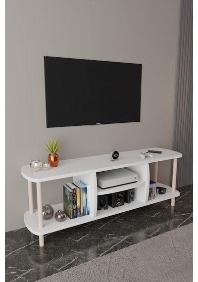 Modern Tv Ünitesi Ahşap Raflı 2 Katlı 4 Raflı Televizyon Sehpası Televizyon Ünitesi Beyaz