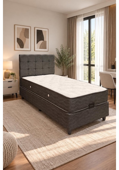 Beehanem Bengü 90x190 Tek Kişilik Baza Başlik Yatak 3 Lü Set Antrasit 90 X 190