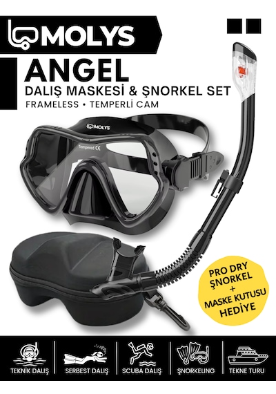 Molys Angel Dalış Maskesi + Antı Fog Buğu Önleyici Film + Pro Full Dry Tam Kuru Şnorkel + Maske Koruma Kutusu Set Halinde Siyah - Siyah