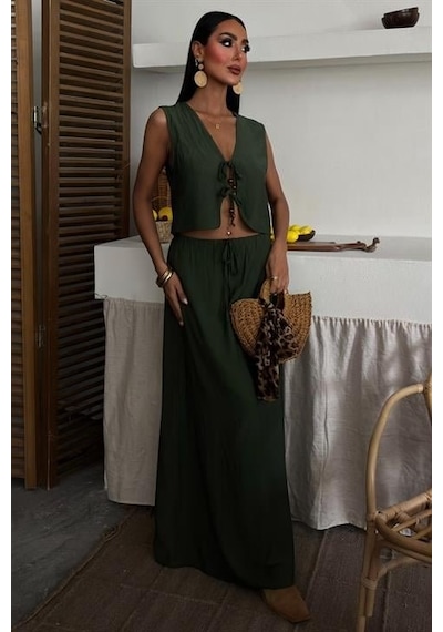 Moderie Butik Yelek Önden Bağlamalı Uzun Etekli Takım 10192 Haki