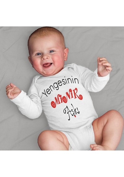 İmaj Tuğbababy Unisex Bebek Beyaz Yengesinin Minik Aşkı Yazılı Tulumu Zıbın Beyaz
