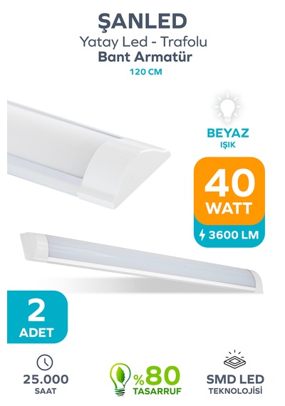 120 Cm 40 Watt Yatay Led Bant Armatür-trafolu Beyaz Işık -2 Adettir