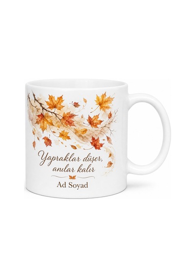 Sonbahar Hüznü Dökülen Çınar Yaprakları Melankoli Çay Kupası Hediye Bardak Beyaz / Çok Renkli