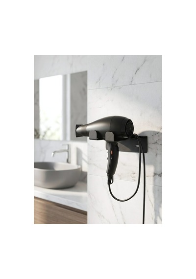 Modern Paslanmaz Saç Kurutma Makinesi Askı Aparatı - Lazer Kesim Kablo Askılı Banyo Organizeri Siyah