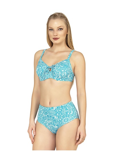 Endeep Kadın Balenli Destekli Şal Desen Yüksek Bel Bikini Takımı Yeşil