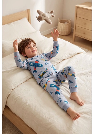 Zuzunga Time To Fly Gri Renk Uçak Desenli Erkek Çocuk Pijama Takımı