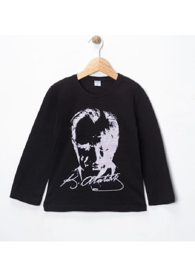 Özdemirli Bebe Unisex Bisiklet Yaka Ataturk Baskılı Uzun Kol T-shirt SIYAH