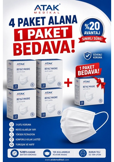 Atak Medikal Beyaz Maske 50'li 4 Paket Alana 1 Paket Bedava