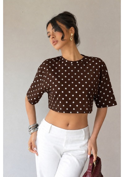 Hımmelduf Kadın Puantiye Desenli Crop Tişört Basic Oversize Yazlık Bluz Kahverengi
