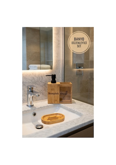 Kamptek Ahşap Bambu Banyo Düzenleyici Set - Katı + Sıvı Sabunluk Ve Diş Fırçalık Organizer Renkli