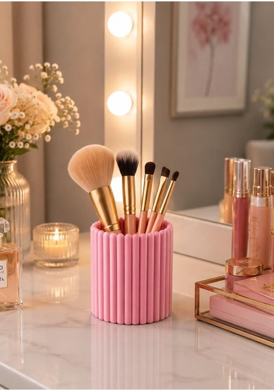 Lexroo Pembe Çizgili Makyaj Fırçalık Kozmetik Organizer Ve Masa
