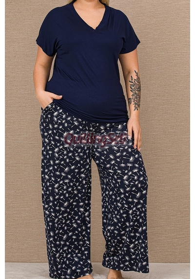 Lady Lacivert Renk, 11066 Pamuklu Büyük Beden Geniş Paça Anne Pijama Takımı Lacivert - Beyaz