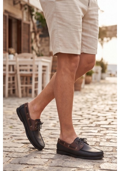 Royal Marine Siyah Kahve Premium Deri Erkek Loafer - El İşçiliği Özel Tasarım Klasik Gemi Ayakka... Siyah - Kahverengi