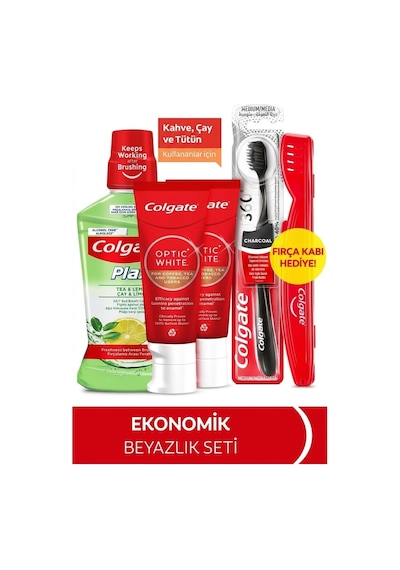 Colgate Optic White Kahve, Çay Kullananlar 50ml 2'li Diş Macunu, Orta Diş Fırçası, Ağız Bakım Suyu 500ml+fırça Kabı