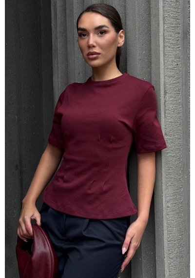 Bordo Kadın Bisiklet Yaka Belden Oturtmalı Basic Tişört Mg2670 Bordo