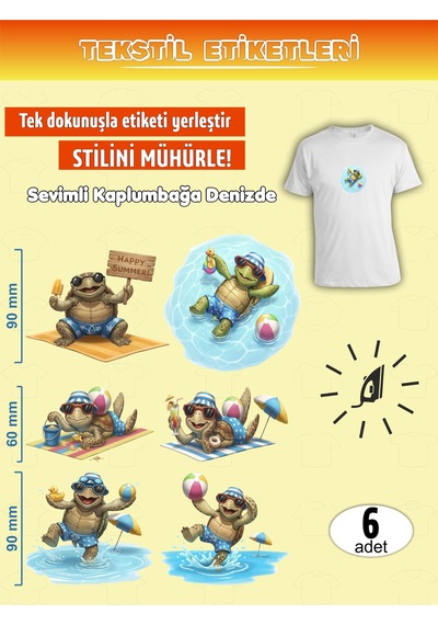 Ütü İle Yapışan Kıyafet Etiketi Sevimli Kaplumbağa Denizde 6lı Set Karışık