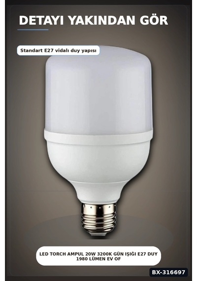 Led Torch Ampul 20w 3200k Gün Işığı E27 Duy 1980 Lümen Ev Ofis Aydınlatması 1 Adet Bx-316697