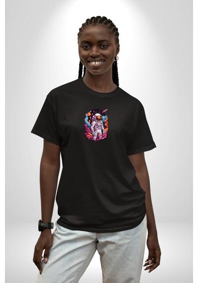 Ay Mars Astronot Siyah Oversize Unisex Ön Orta Minimal Baskılı Tişört Siyah