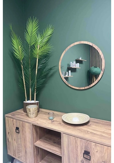Dekoratik Yuvarlak Ayna 60 Cm Çap Antre Hol Koridor Duvar Salon Mutfak Banyo Ofis Makyaj Aynası - Ceviz Ceviz