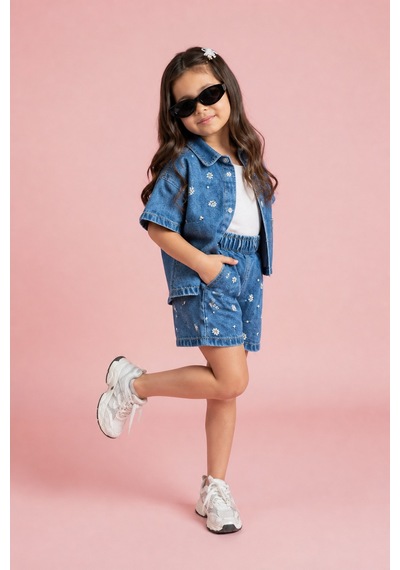 Eray Alp Kids Kız Çocuk Mavi Çiçekli Kot Gömlek Şort Takımı Günlük Rahat Kombin