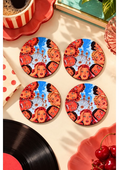Vintage Surprise Temalı 4 Lü Bardak Altlığı Set 9 Cm, 3 Mm Ahşap Mdf, Dijital Baskı - 927007659 Diğer