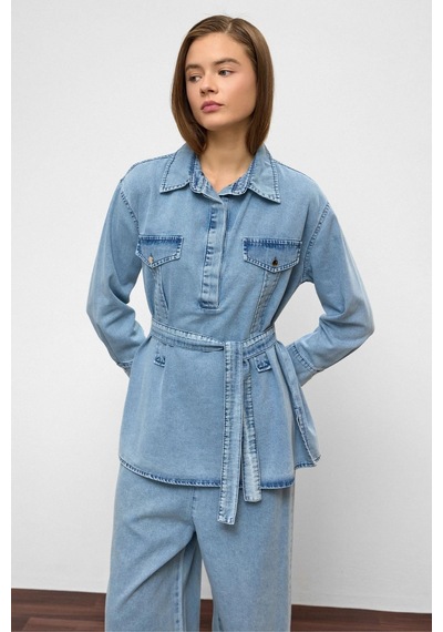 Olcay Geniş Paça Pantolon Denim İkili Takım Mavi 9379-tk