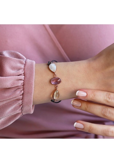 Doğaltaşlı Oksitli Rose Gümüş Kelepçe Gümüş