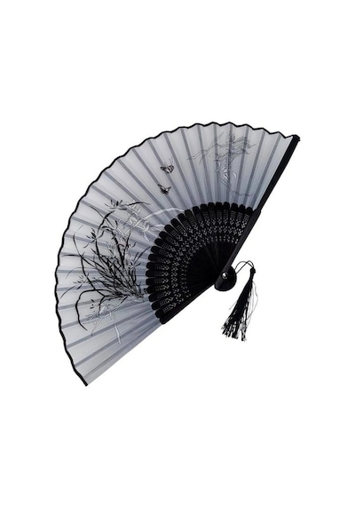 Beluga Yelpaze Bambu Kumaş Serinletici Vintage Siyah Şık Dekorasyon Püsküllü Japon Yelpaze 0181
