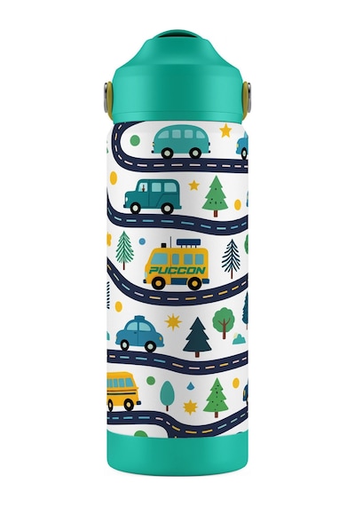 Puccon 540 Ml Araba Ve Yol Desenli Yeşil - Beyaz Erkek Çocuk Pipetli Çelik Termos Matara/suluk - 60054