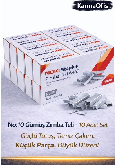 No:10 Gümüş Zımba Teli 10 Adet Set Dayanıklı, Pürüzsüz Çakım Ofis Zımba Teli