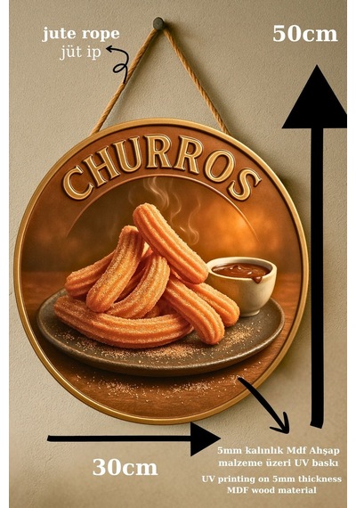 Churros Temalı İpli Ahşap Kapı Duvar Süsü, Pastane, Tatlı Dükkanı, Cafe Tablo Dekoru