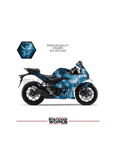 Yamaha R25 Sticker Kaplama Punisher Kaplama Modeli Hazır Kit 2019 / 2024 Uyumlu Siyah
