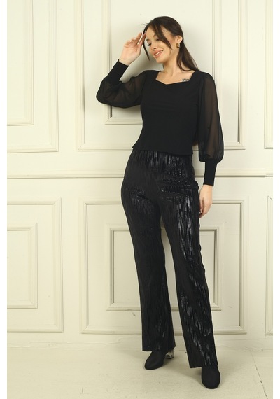 By Saygı Kadın Beli Lastikli Zigzag Desenli Likralı Pantolon Siyah