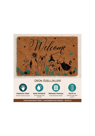 Coco Cc031a Welcome Köpek Desenli Kalın Kaymaz Taban Nem Alıcı Şık Tasarım Kapı Önü Paspası 45x75 Cm Bej
