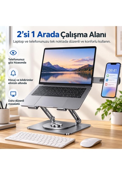 2'si 1 Arada Laptop Standı, Karbon Çelik 360 Döner Yükseklik Ayarlı, Gizlenebilir Magsafe Uyumlu Telefon Tutuculu Notebook Standı, Macbook Uyumlu, 17.3 İnçe Kadar Gri