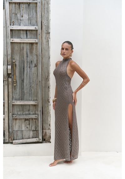 Mai Collection Mai Studios Co. Yudha Sırt Dekolteli Kahve Triko Uzun Elbise Kahve