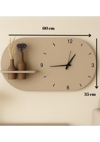 Modern Tasarım Raflı Nera Duvar Saati 60x35 Bej