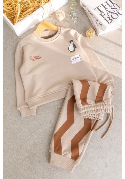Babymod Çocuk Peguen Desenli Bej Okul Sweatshirt Ve Çizgili Eşofman Takımı