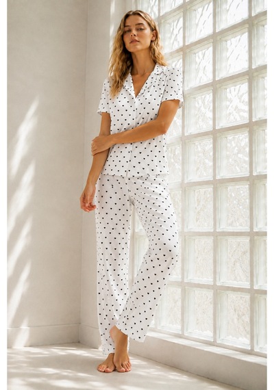 Kadın Genç Loose İpliği Boyalı Kar Beyaz Pijama Takımı