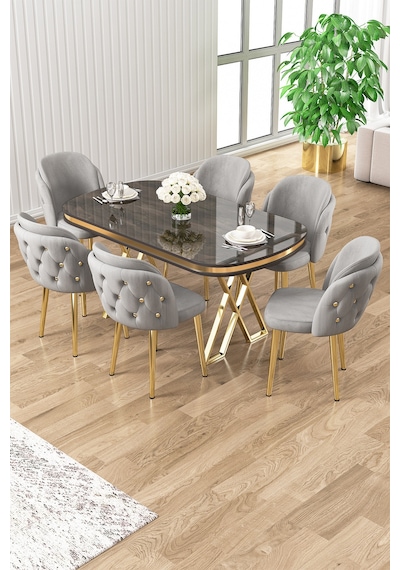 Canisa Zae Serisi 90x168 Lak Panel Antrasit Ironi Gold Ayak Masa Takımı 6 Gri Sandalye Masa Antrasit İroni Sandalye Gri Canisa Zae Serisi 90x168 Lak Panel Antrasit Ironi Gold Ayak Masa Takımı 6 Gri Sandalye Masa Antrasit İroni Sandalye Gri