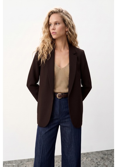 Sateen Klasik Yaka Uzun Ceket - Kahve-137477 Kahverengi