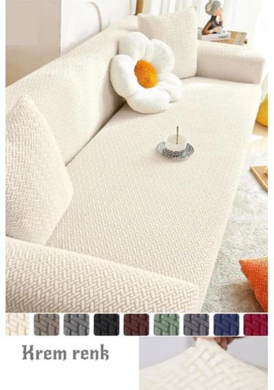 Tr Tuğla Desen 3 Kişilik Lastikli Kanepe Örtüsü Lastikli Koltuk Örtüsü Koltuk Kılıfı Krem 180 X 230 Diğer