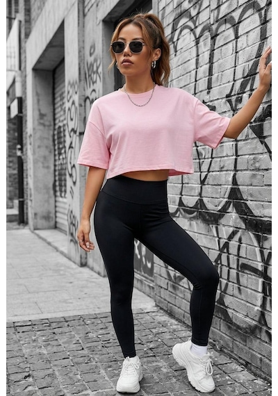 Cezyy Bisiklet Yaka Basic Oversize Crop Tişört - Pamuklu Rahat Kesim Pembe