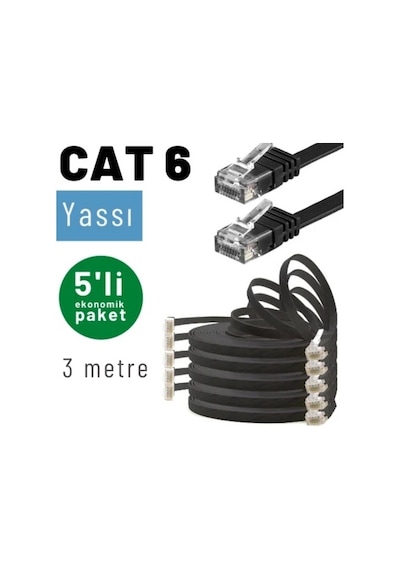 Irenıs 5 Adet 3 Metre Siyah Cat6 Kablo Yassı Ethernet Network Lan Ağ İnternet Kablosu